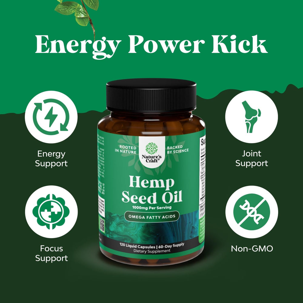 Hemp Seed Oil omega 3 6 9 supplement bottle with 60-day supply and 120 capsules