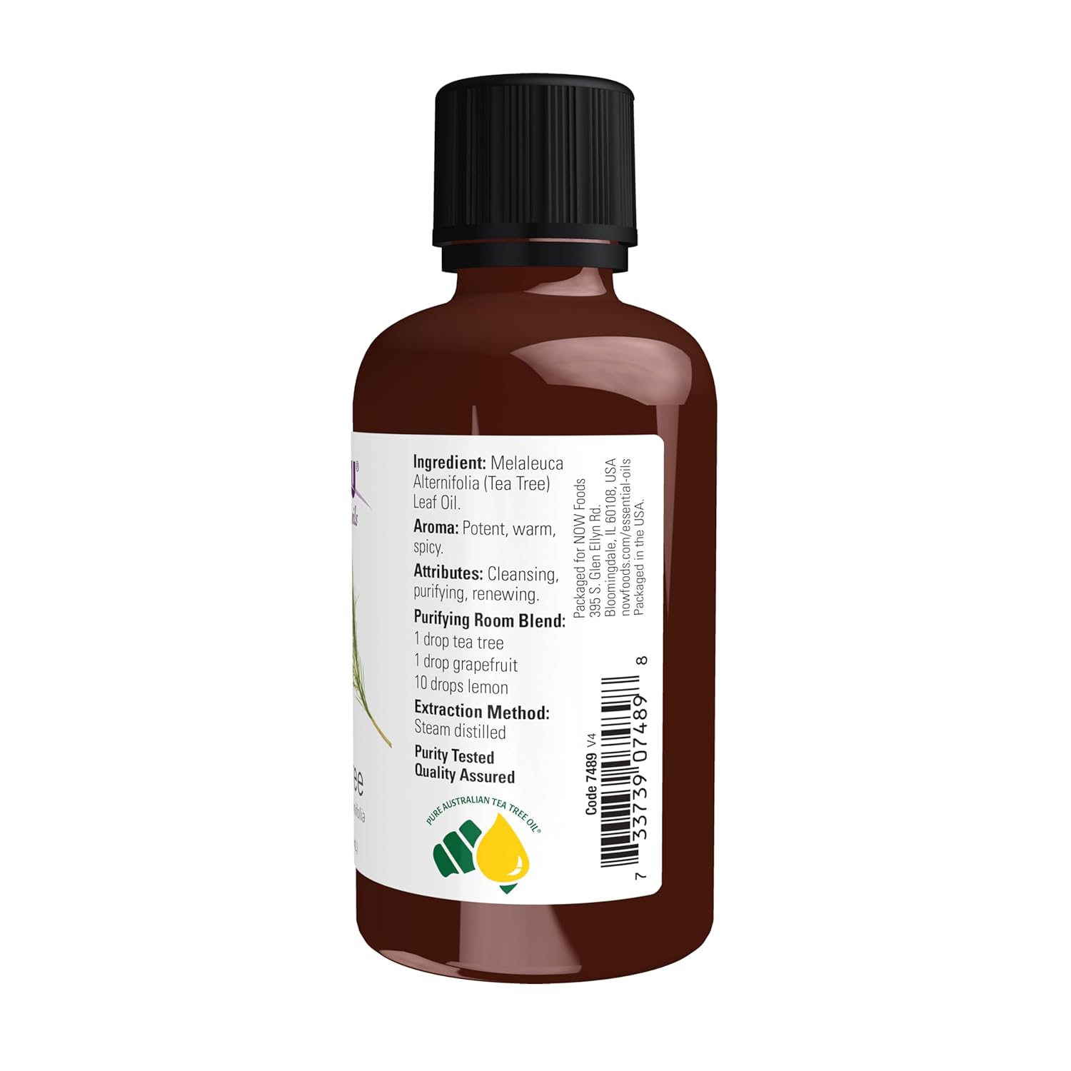 NOW Pure Tea Tree Oil side label with ingredient and UPC details