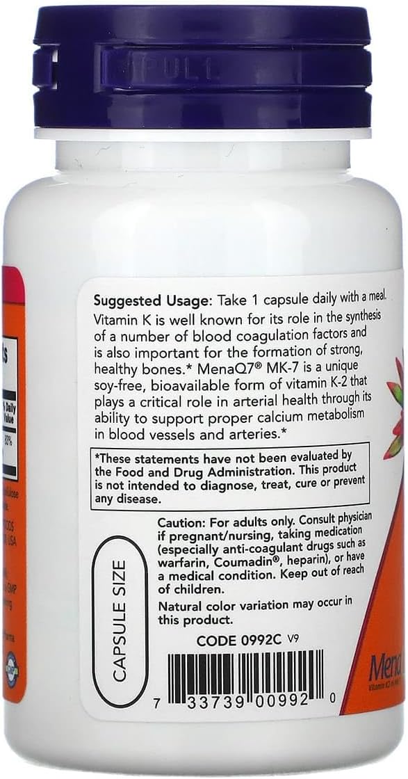 NOW Vitamin K-2 MK-7 supplement facts label for calcium metabolism and cardiovascular support