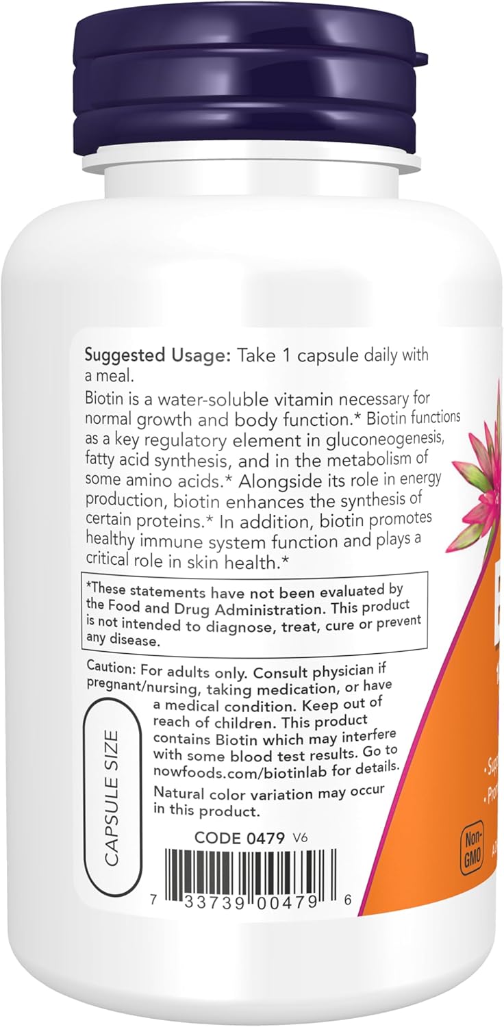 NOW Foods Extra Strength Biotin 10000 mcg bottle, 120 vegan capsules for hair skin and nails support