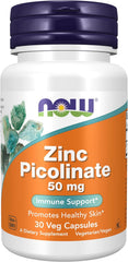 NOW Foods Zinc Picolinate 50 mg vegan capsules for enzyme function and skin wellness