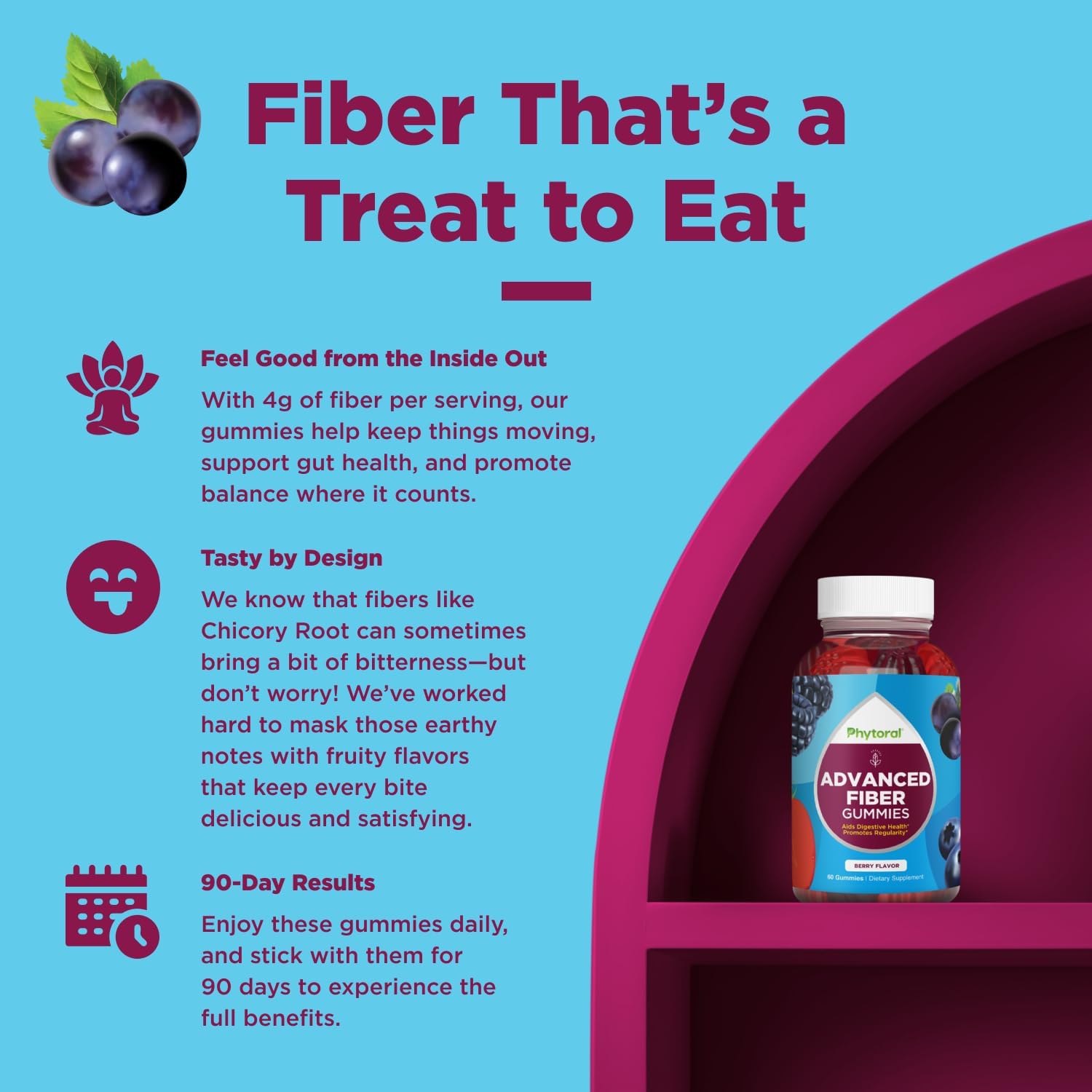 Advanced Fiber Gummies for Adults with chicory root prebiotic fiber, 60 count bottle