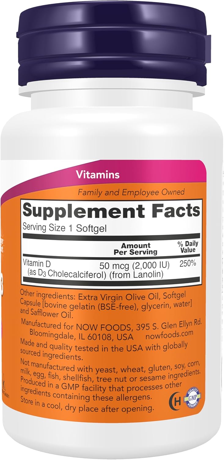 NOW Vitamin D3 softgels for bone and immune health support