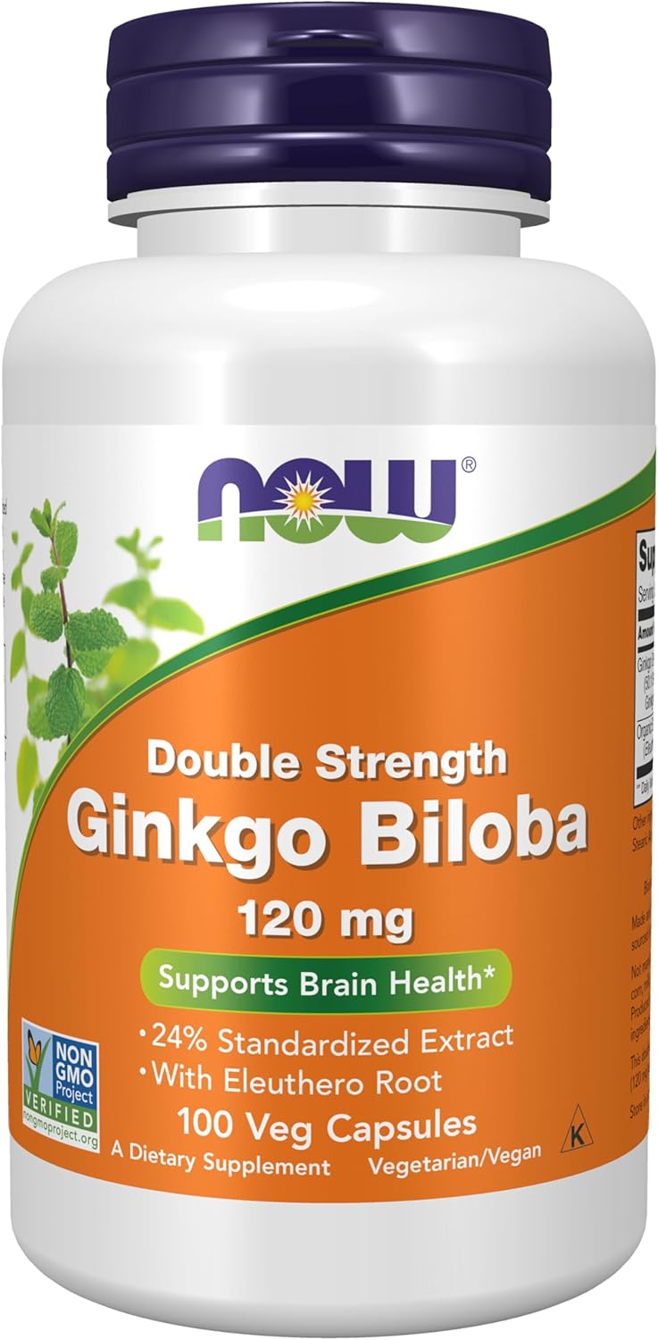 NOW Double Strength Ginkgo Biloba 120 mg 100 veg capsules front label