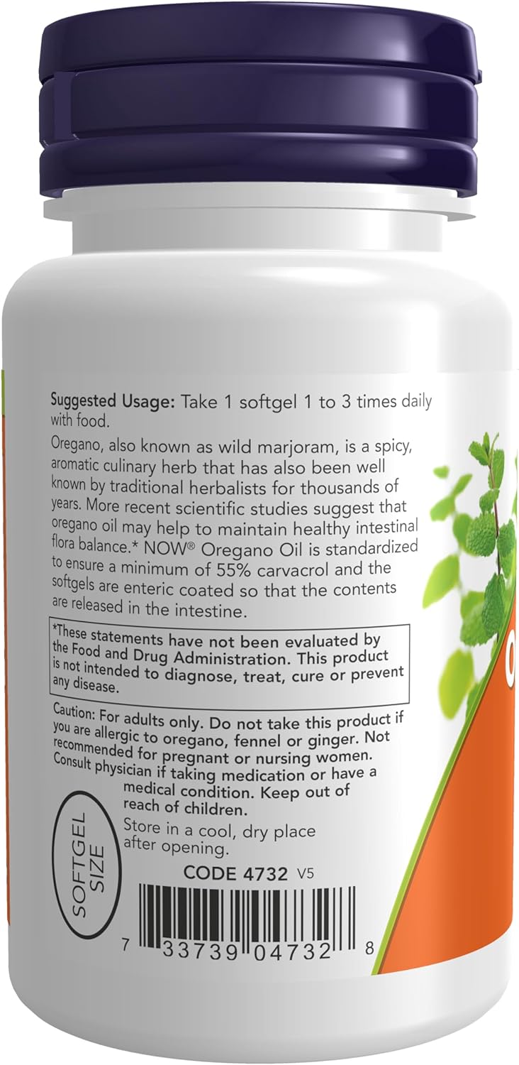 NOW Oregano Oil supplement facts label with ginger and fennel oils