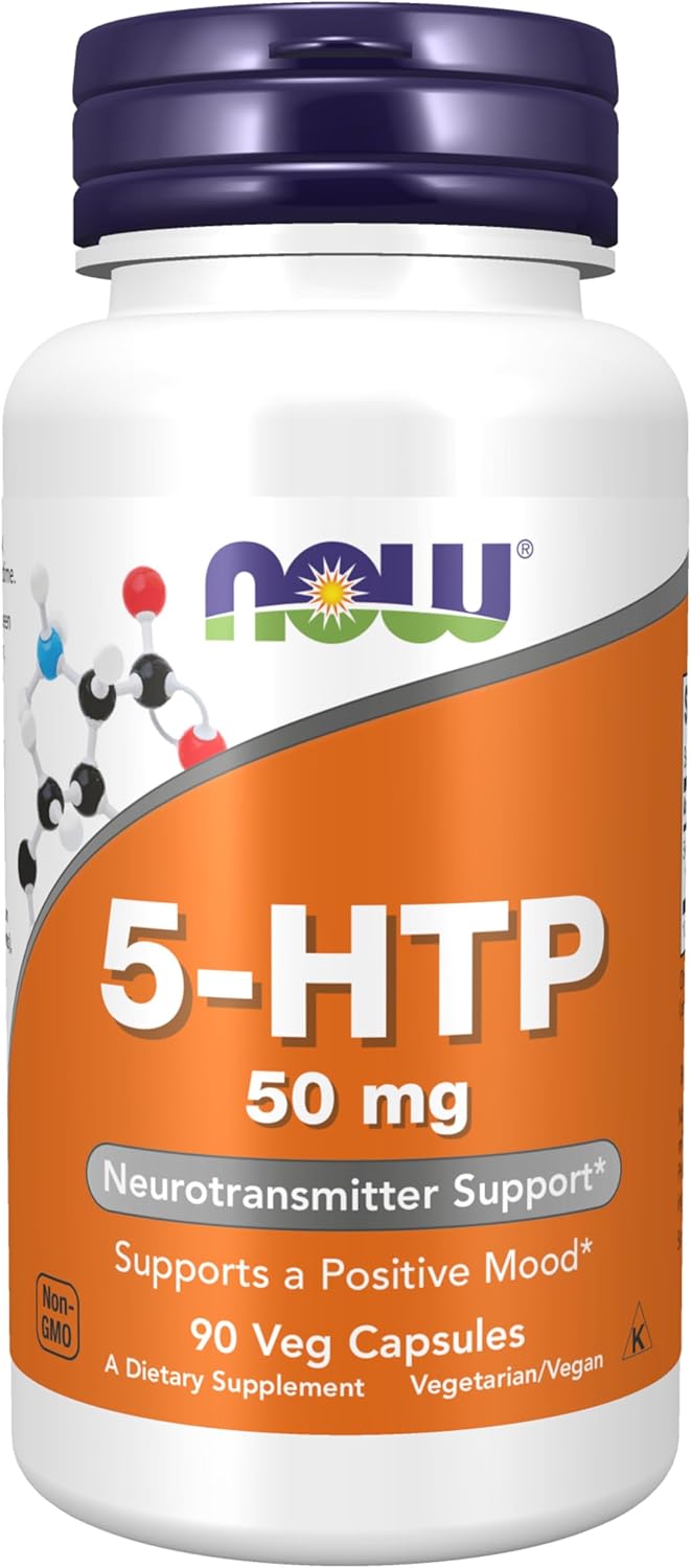 NOW 5-HTP 50 mg capsules for daily neurotransmitter and wellness support.