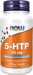 NOW 5-HTP 50 mg capsules for daily neurotransmitter and wellness support.