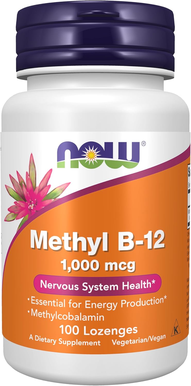 NOW Supplements Methyl B-12 1000 mcg lozenges bottle, vegetarian B12 supplement 100 count
