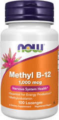 NOW Supplements Methyl B-12 1000 mcg lozenges bottle, vegetarian B12 supplement 100 count