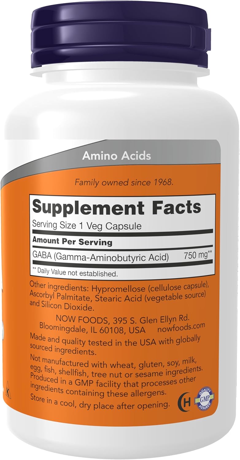 NOW GABA 750 mg Veg Capsules bottle for relaxation and neurotransmitter support.
