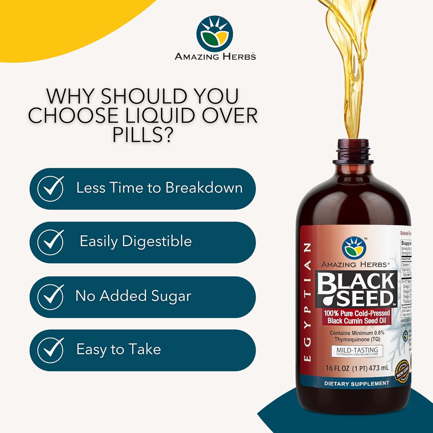 Amazing Herbs Egyptian Black Seed Oil 16 fl oz bottle for immune and digestive wellness support