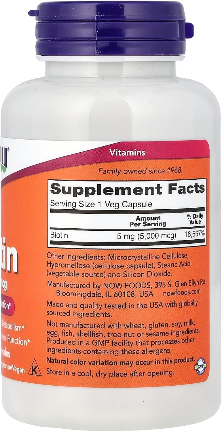 NOW Foods Biotin 5 mg bottle, 120 vegetarian capsules for hair skin and nails support