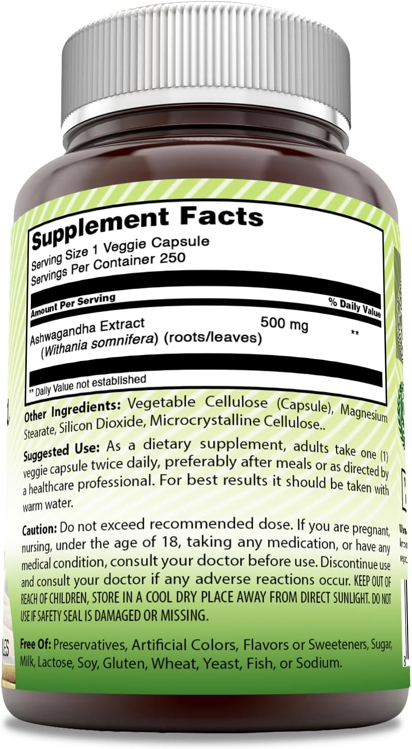 Supplement facts for Amazing India Ashwagandha Extract 500 mg capsules