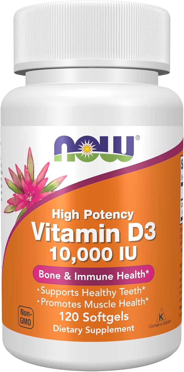 Supplement facts label for NOW Foods Vitamin D3 10,000 IU softgels