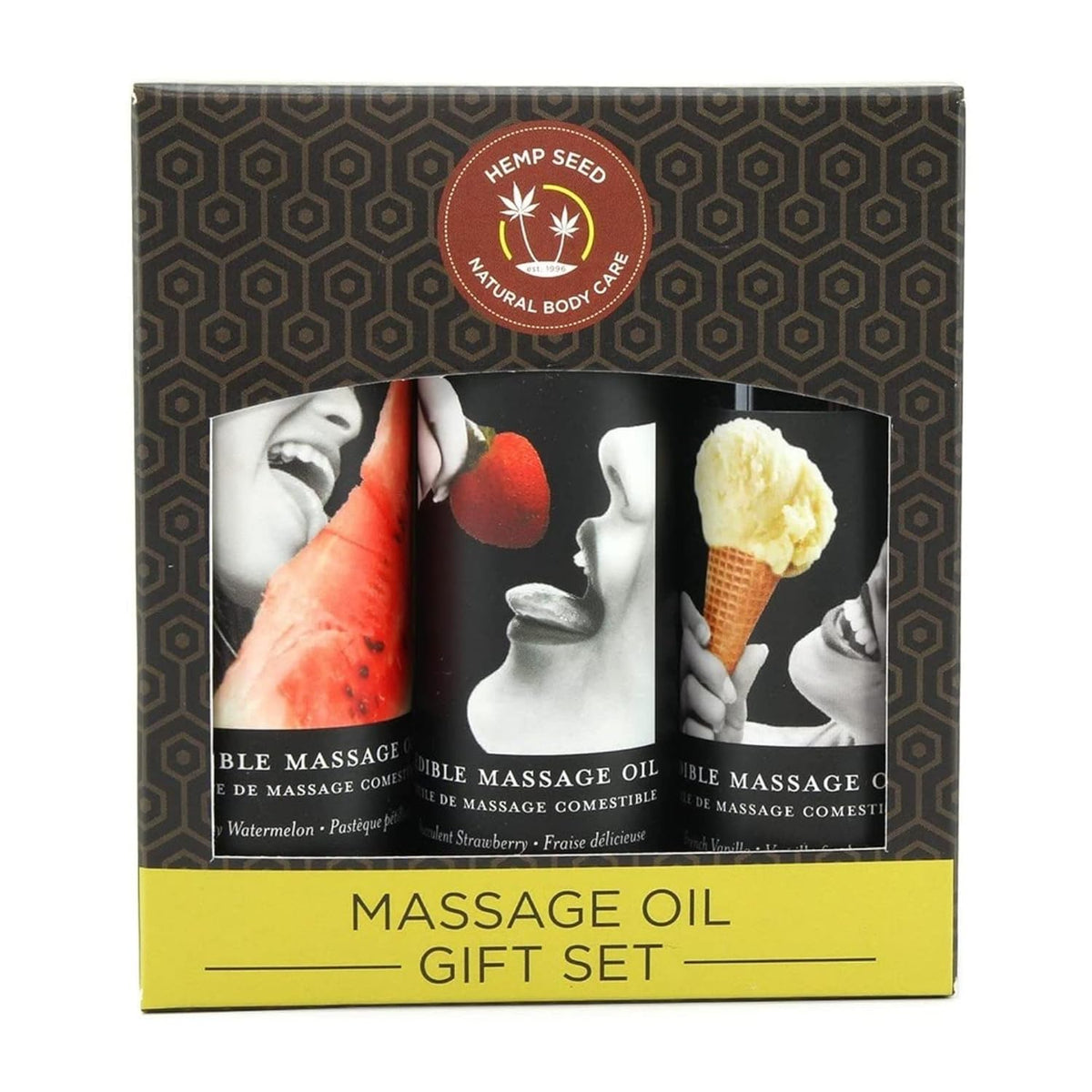 Earthly Body hemp seed massage oil gift set with three moisturizing body oils