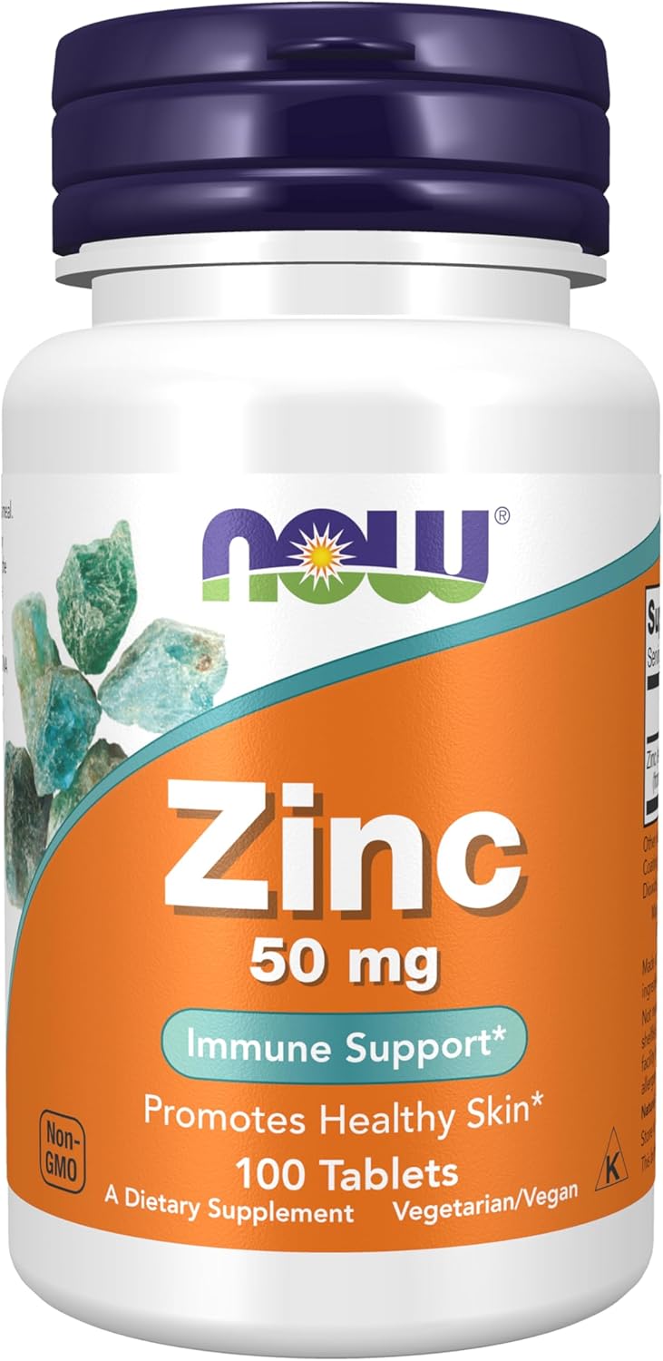 NOW Foods Zinc Gluconate 50 mg tablets for enzyme function and skin wellness