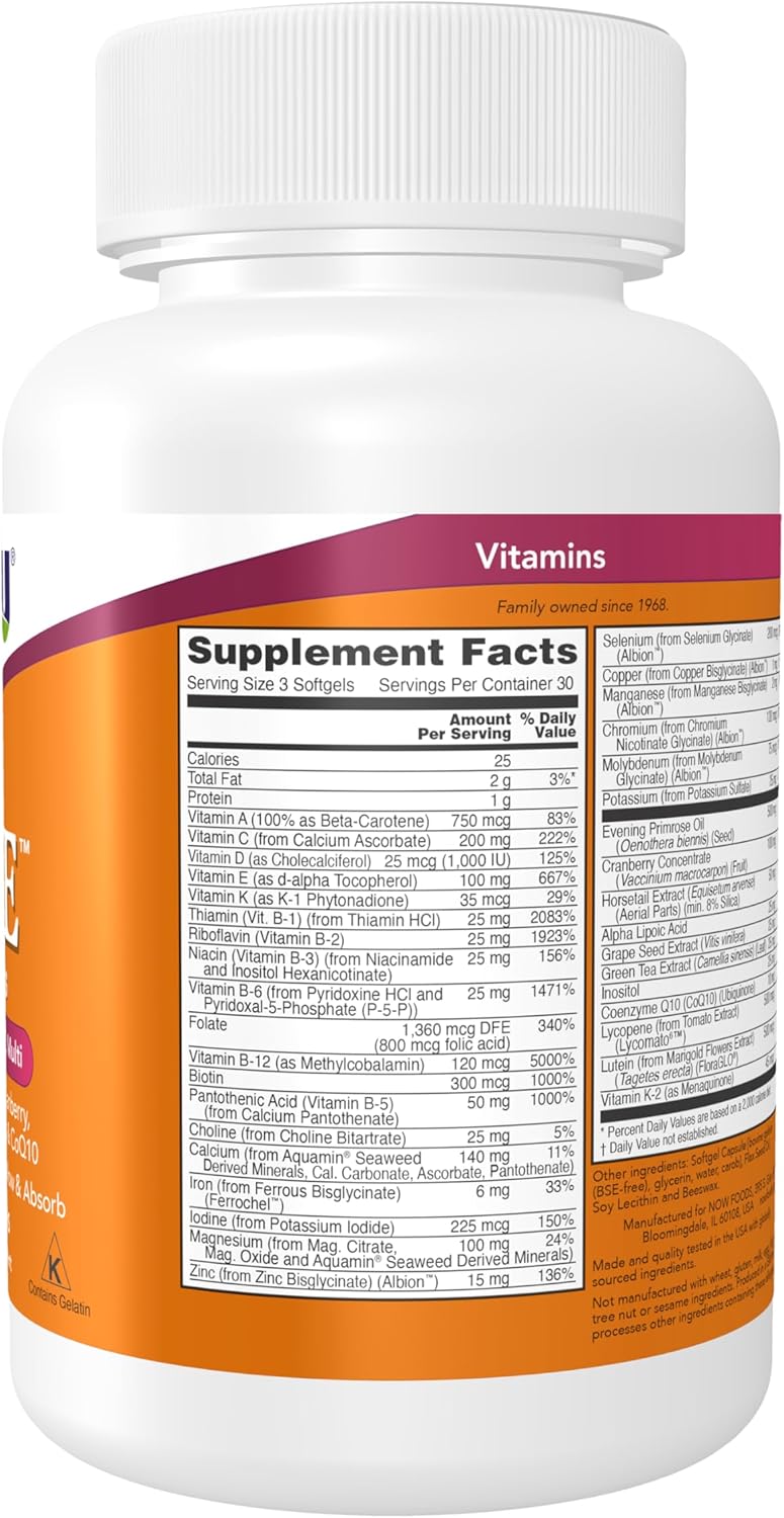 NOW EVE Softgels back label showing supplement facts and GMP quality symbol
