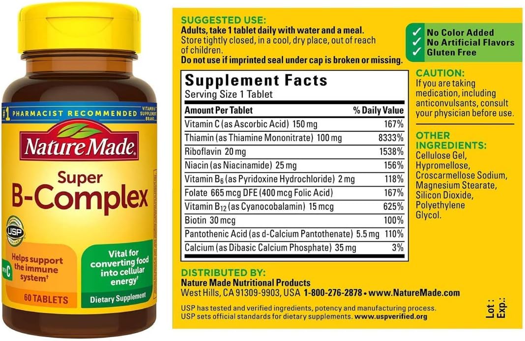Nature Made Super B-Complex supplement facts with vitamin C and B vitamins