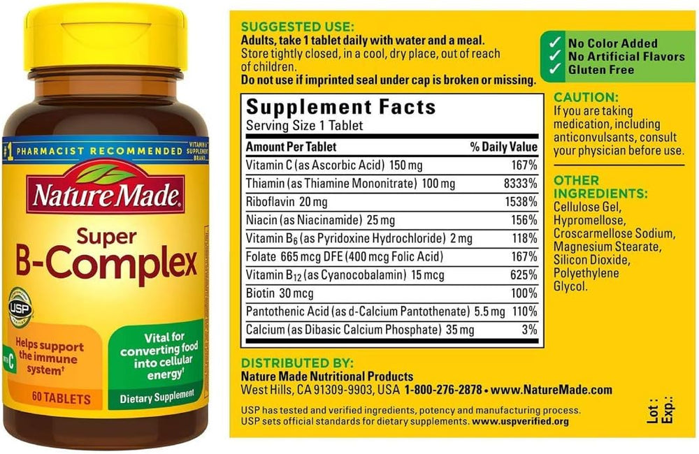 Nature Made Super B-Complex supplement facts with vitamin C and B vitamins