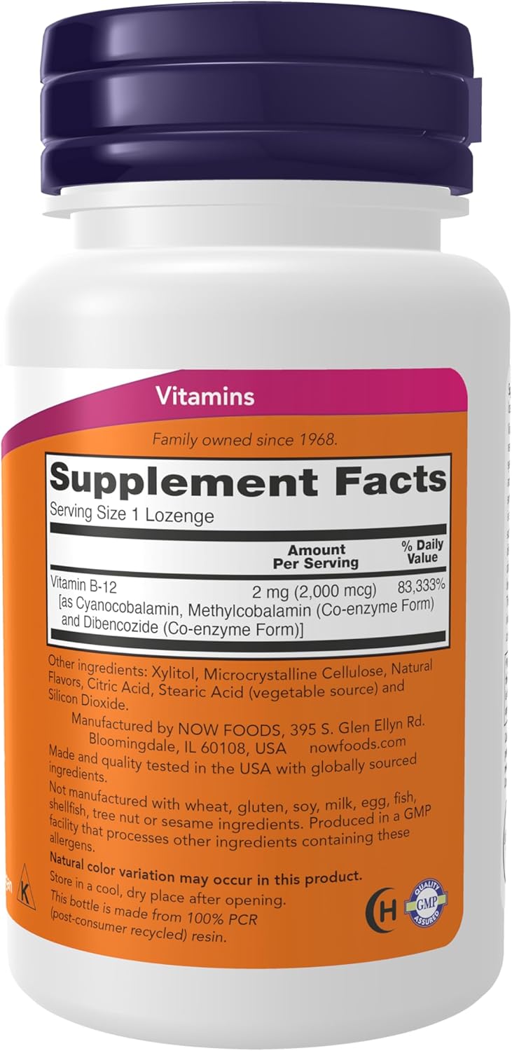NOW B-12 supplement bottle with 100 vegan lozenges