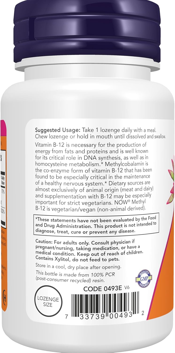 NOW Methyl B-12 5000 mcg supplement facts label with methylcobalamin and folate details