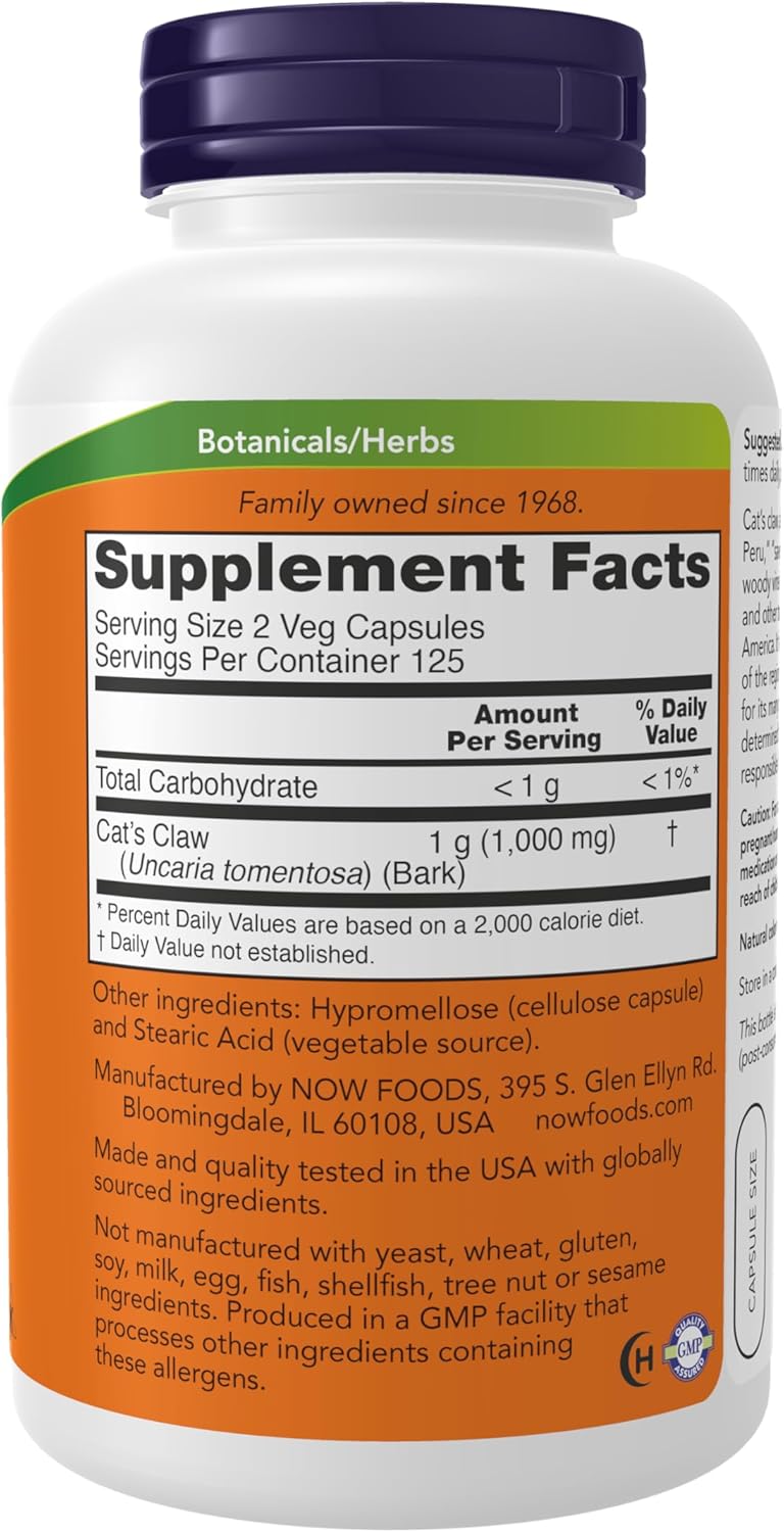 NOW Cat’s Claw back label with suggested usage and herbal support information