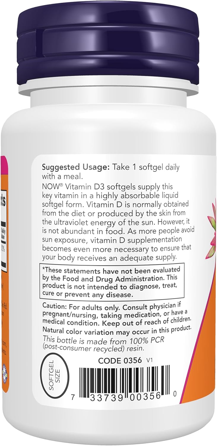 NOW Vitamin D3 2500 IU bottle with 180 softgels