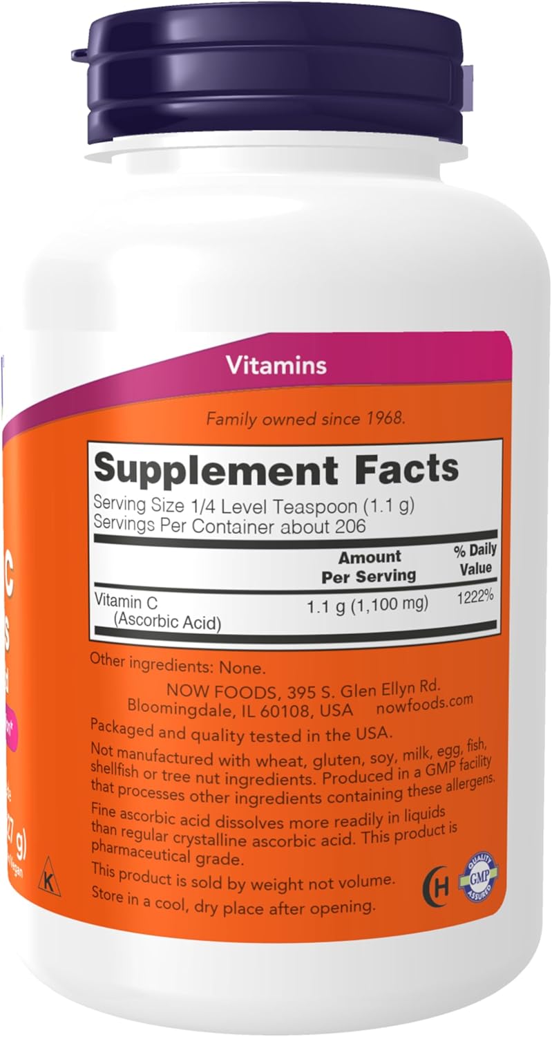 NOW Foods Vitamin C Crystals powder bottle, 8 oz pure ascorbic acid for immune support