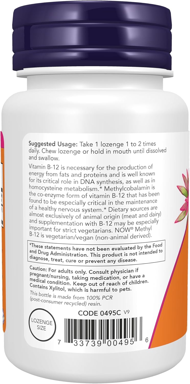 NOW Foods Methyl B-12 1000 mcg vegan lozenges for energy metabolism and daily B12 support
