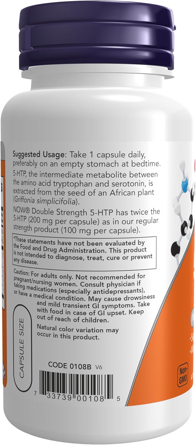 NOW 5-HTP 200 mg Double Strength Supplement – Griffonia Extract Capsules for Mood & Neurotransmitter Support, 60 Vegan Capsules