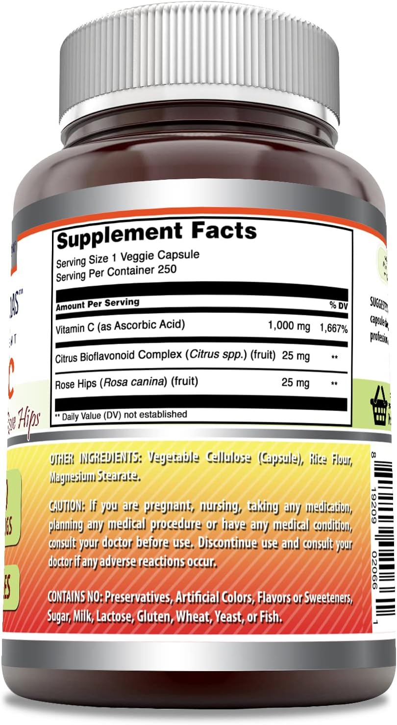 Amazing Formulas Vitamin C supplement bottle showing 250 veggie capsules and immune support formula