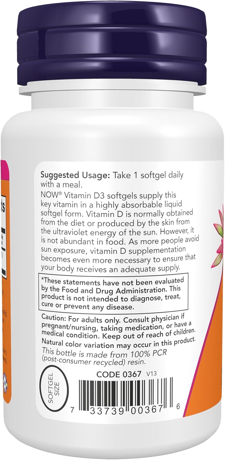 NOW Vitamin D-3 high potency supplement bottle with 120 softgels