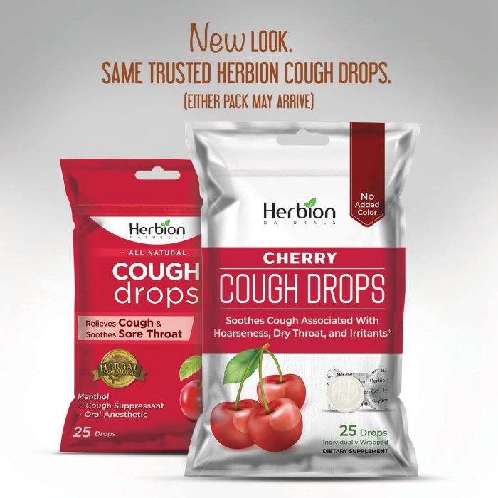 Herbion Naturals Cherry Flavored Cough Drops packaging – soothing throat lozenges with herbal support