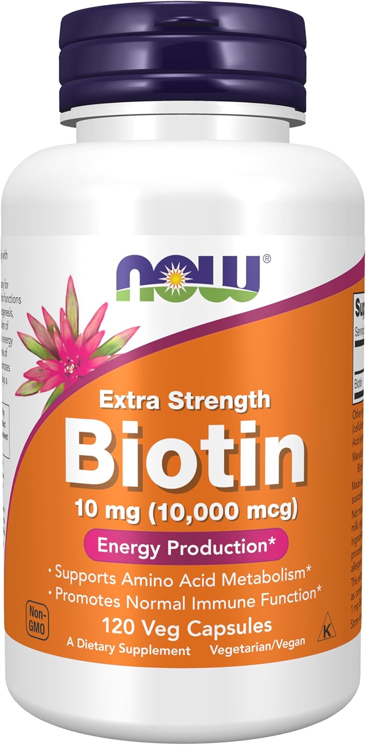 NOW Foods Biotin 10000 mcg vegan capsules bottle for daily skin health and wellness support