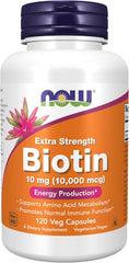 NOW Foods Biotin 10000 mcg vegan capsules bottle for daily skin health and wellness support