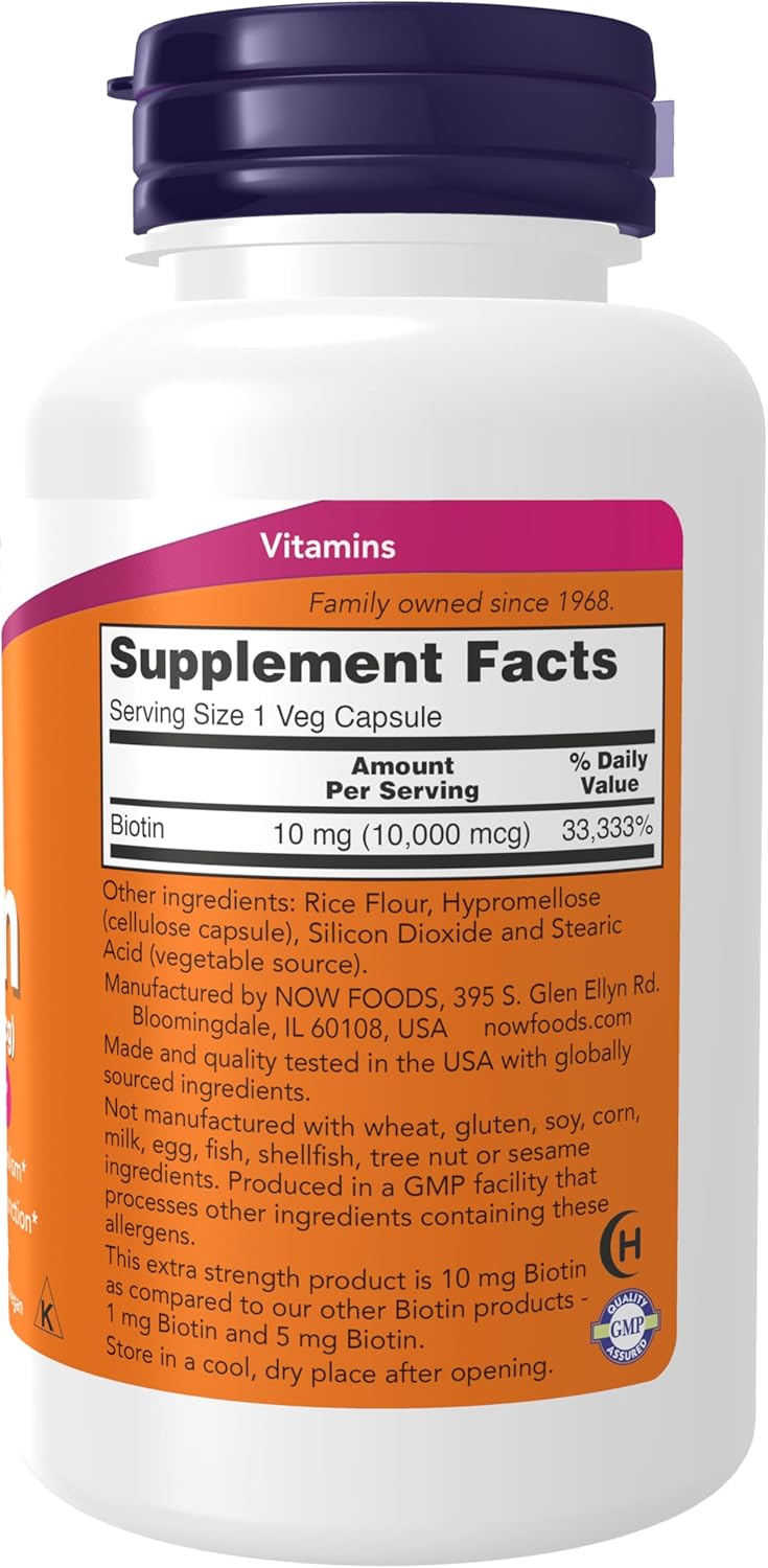 NOW Biotin 10 mg supplement facts label for energy production and amino acid metabolism support