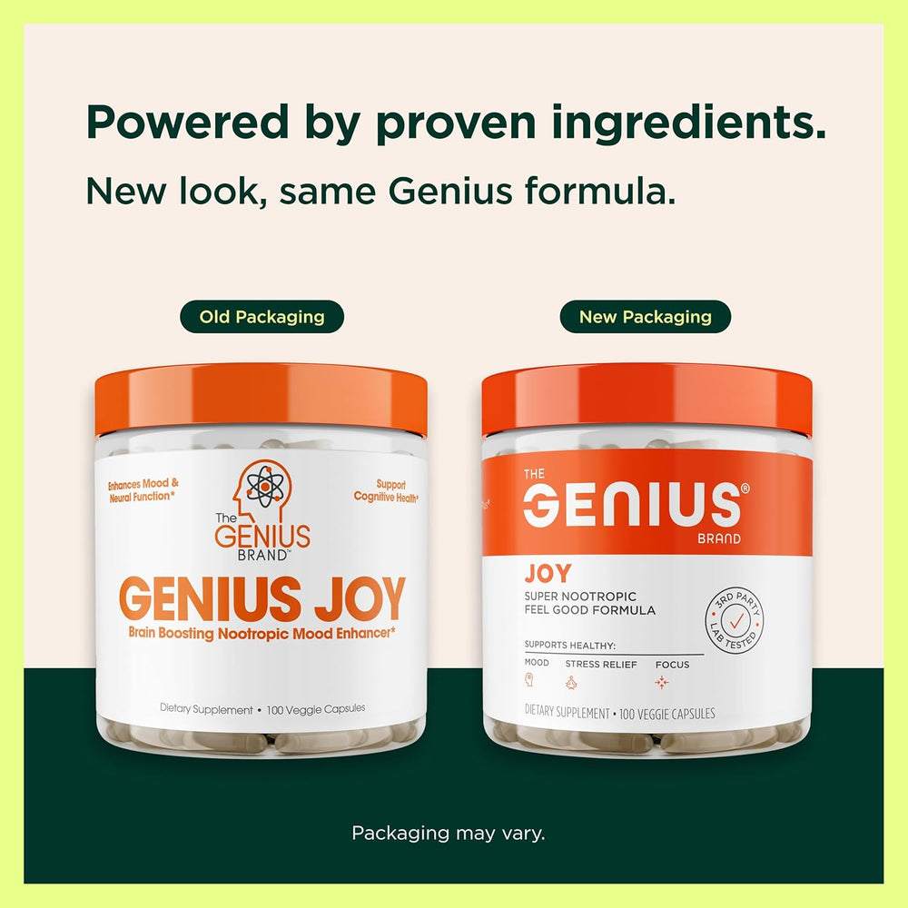 Genius Joy supplement featuring SAM-e ginseng and L-Theanine for brain wellness