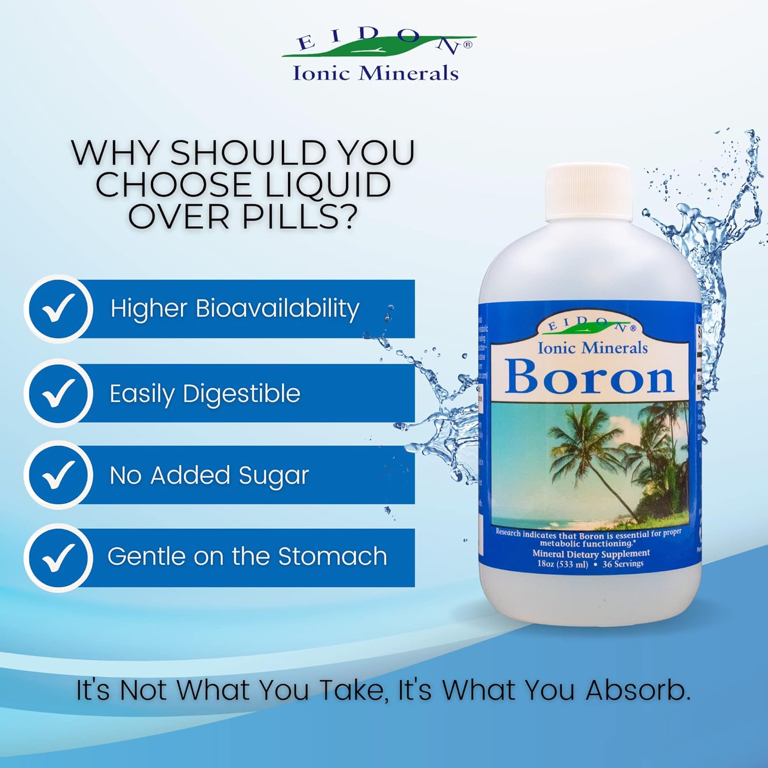 Eidon Boron supplement facts showing 10 mg boron as boric acid