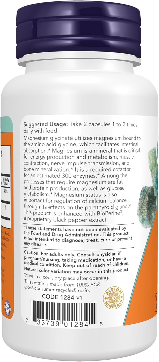 NOW Magnesium Glycinate supplement facts label with BioPerine for muscle and heart wellness