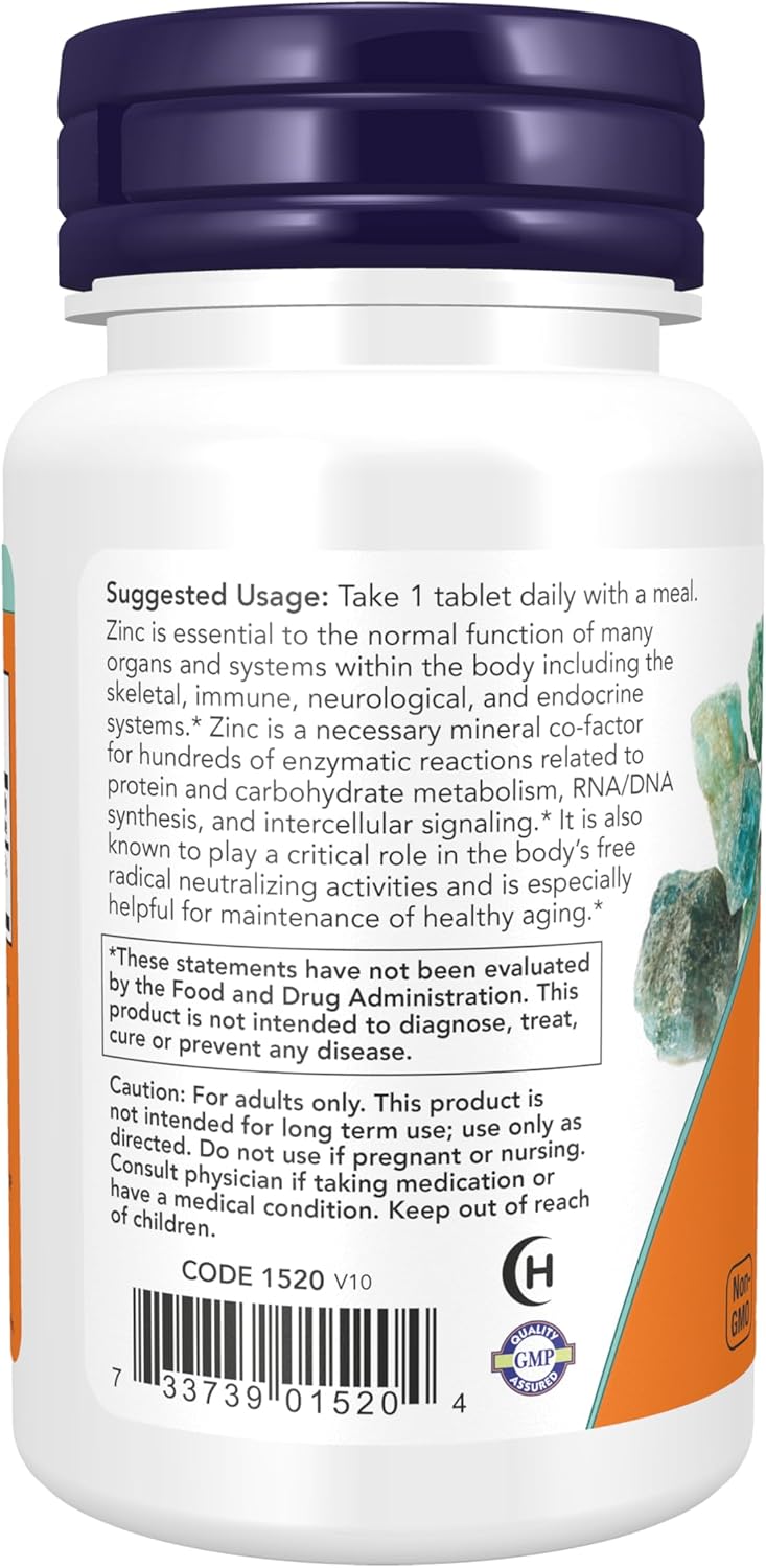 NOW Foods Zinc 50 mg bottle, 100 tablets with zinc gluconate for immune support