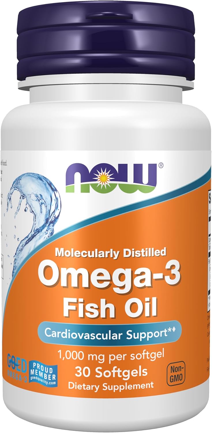 NOW Omega-3 Fish Oil supplement facts label showing EPA and DHA amounts