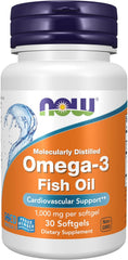 NOW Omega-3 Fish Oil supplement facts label showing EPA and DHA amounts