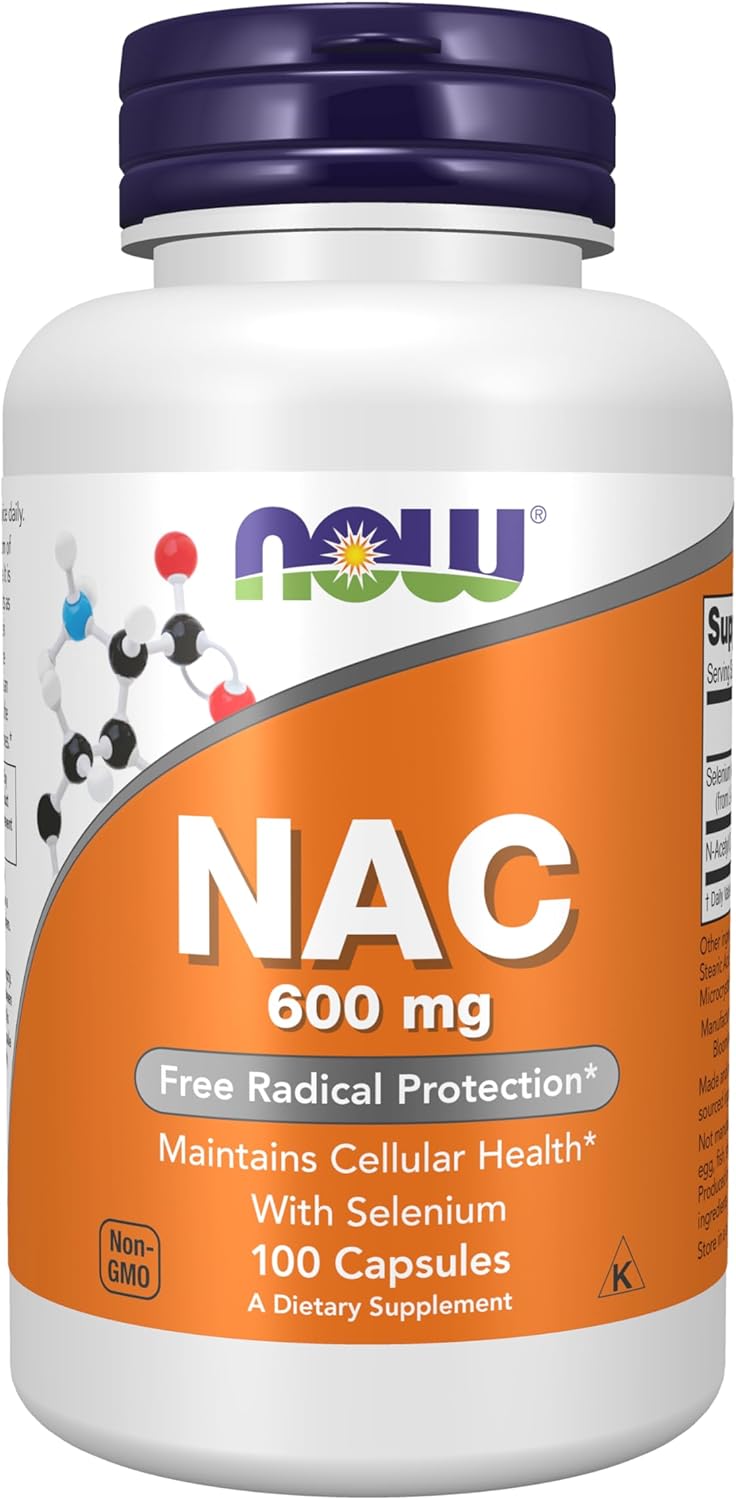 NOW N-Acetyl Cysteine 600 mg vegan capsules with molybdenum for glutathione support.