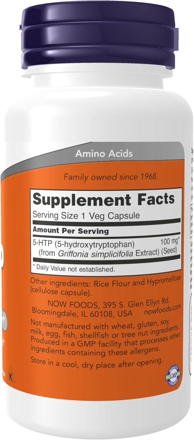 NOW 5-HTP 100 mg supplement bottle for relaxation and positive mood support.