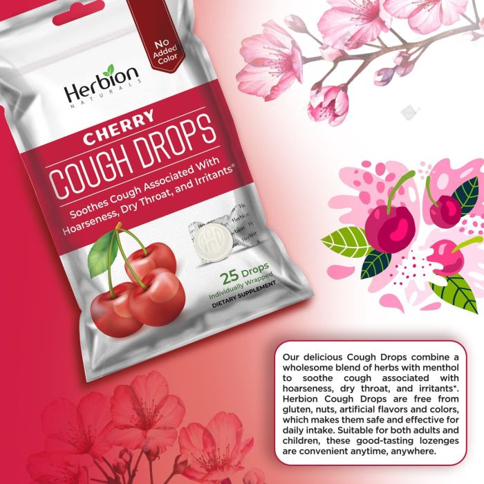 Herbion Naturals Cherry Flavored Cough Drops 25 count bag – natural cough relief with menthol and vitamin C