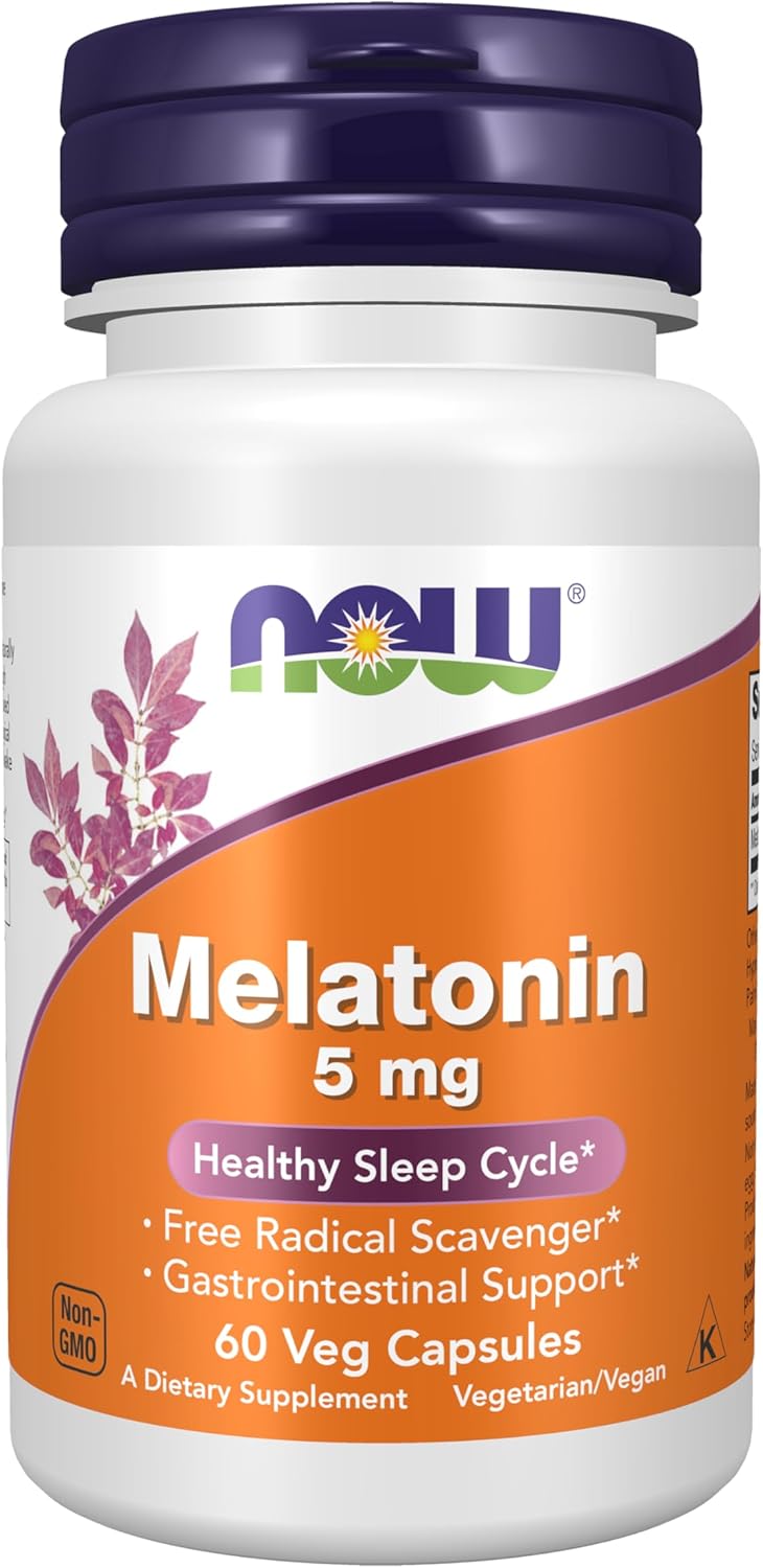Melatonin 5 mg sleep support supplement front label with Non-GMO mark