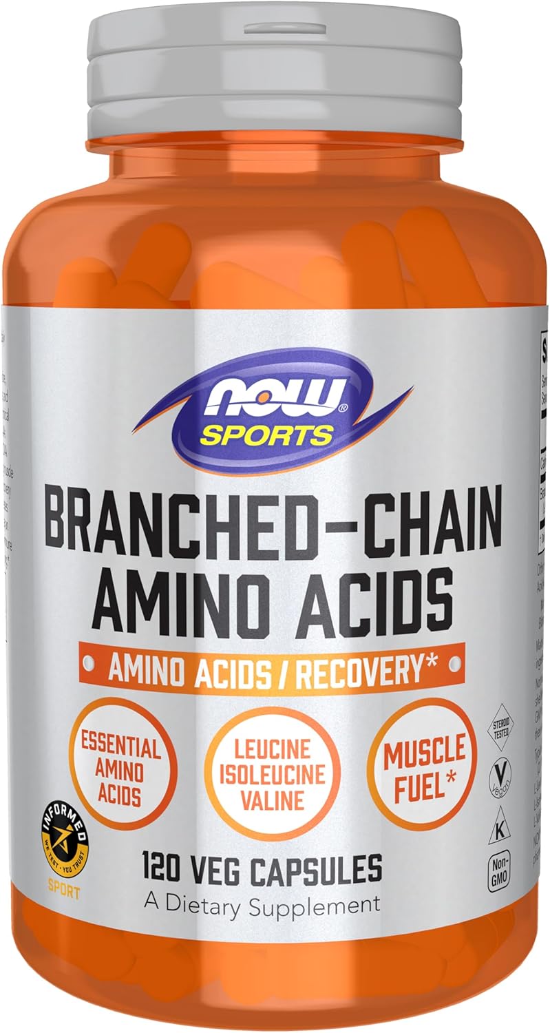 NOW Sports Branched-Chain Amino Acids 120 veg capsules front bottle label