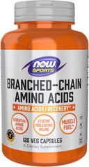NOW Sports Branched-Chain Amino Acids 120 veg capsules front bottle label