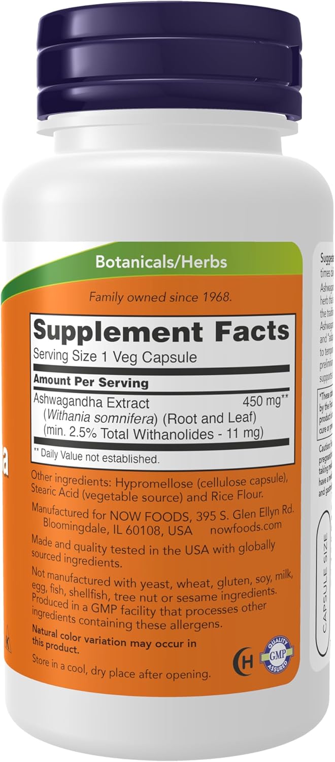 Non-GMO Ashwagandha 450 mg supplement bottle with orange label