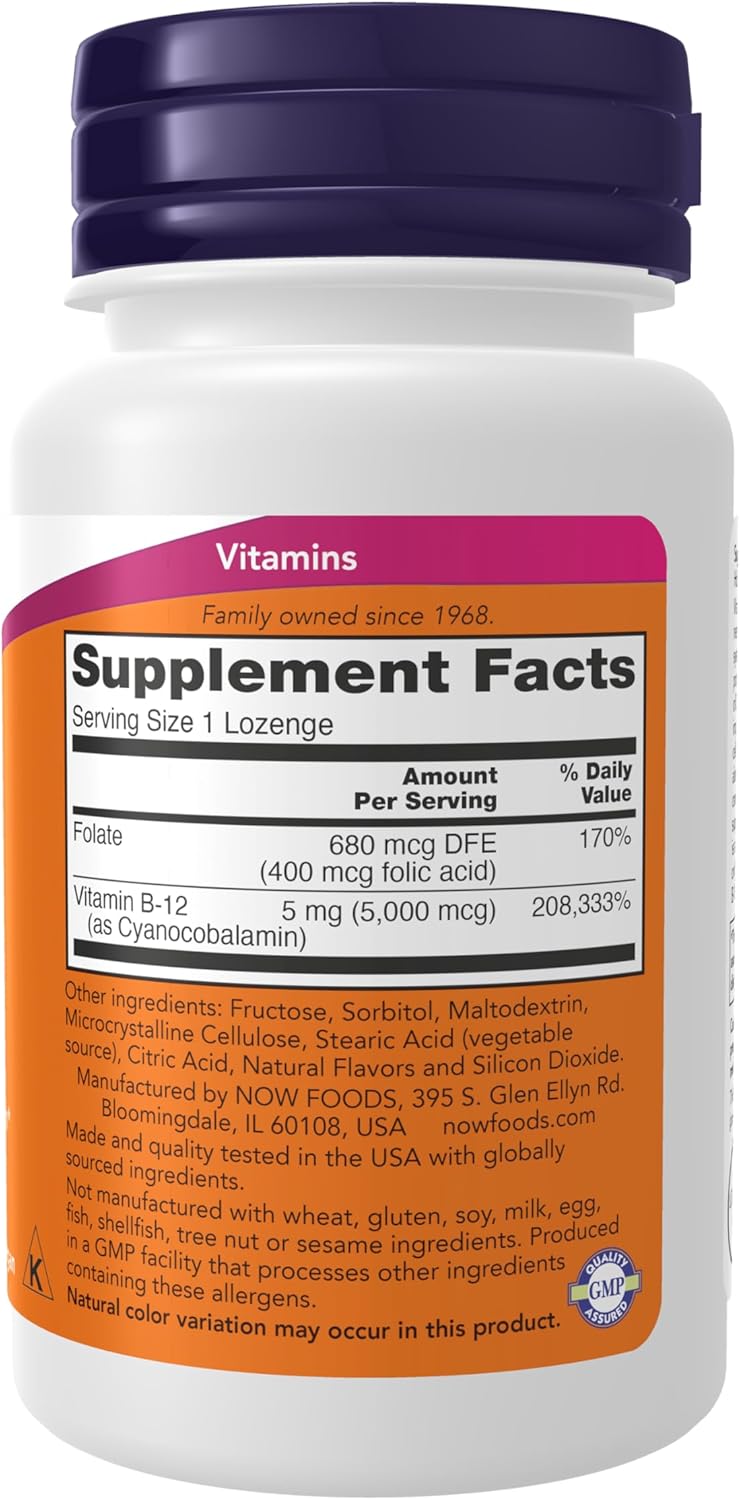 NOW Foods B-12 5000 mcg lozenges supplement for energy production and daily wellness